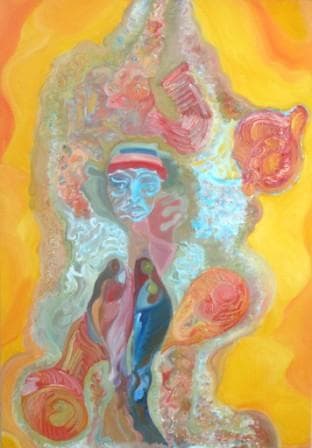 femme et fleurs sur fond jaune